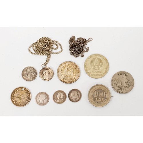 18 - A 1896 100 Reis coin made into a brooch, a Roman coin on a silver chain and silver content and other... 