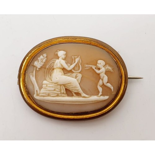 19 - An antique cameo brooch set in a gold plated mount A/F, width 1.25