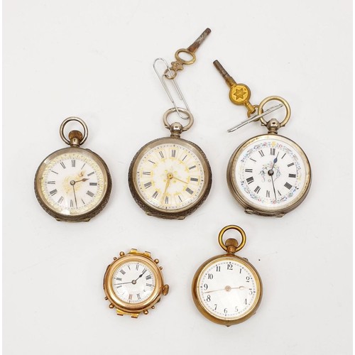 50 - Three silver cased fob watches, a gold plated fob watch and a gold plated wrist, watch each A/F. UK ... 