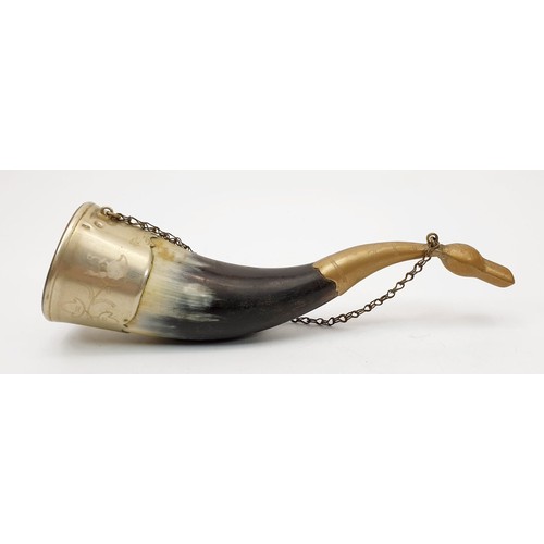 61 - A vintage horn with silver plated mounts the tip in the form of an animal, length 7