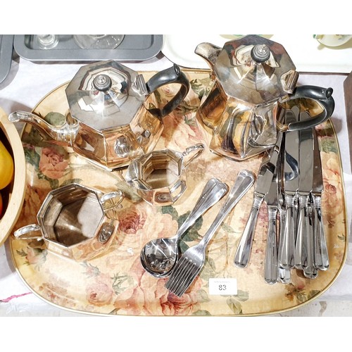 83 - A four piece silver plated tea set and flatware. UK shipping £14.