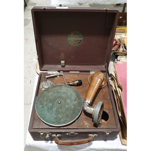 105 - A vintage Parlopon portable gramophone, a boxed gramophone needle sharpener and boxed stylus pressur... 