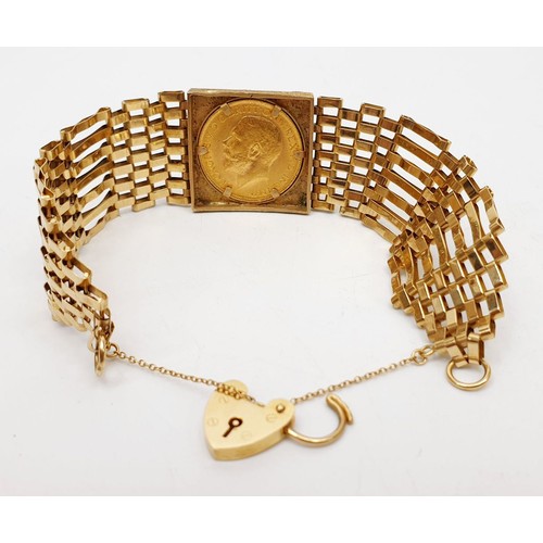 113 - A 9ct gold gate bracelet set with a 1914 sovereign, gross weight 25.8g. UK shipping £14.