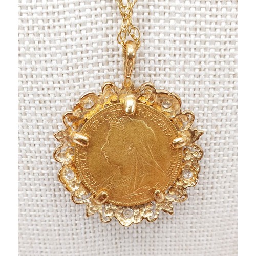 115 - An 1896 half sovereign in a 9ct gold and diamond mount on a 9ct gold chain, gross weight 8.1g. UK sh... 