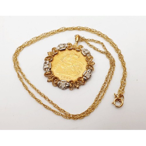 115 - An 1896 half sovereign in a 9ct gold and diamond mount on a 9ct gold chain, gross weight 8.1g. UK sh... 