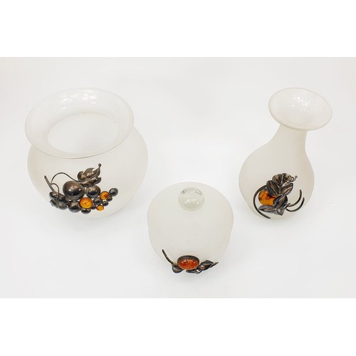 86 - Three pieces of frosted glassware, each having 925 silver and amber mounts, the tallest 7.25