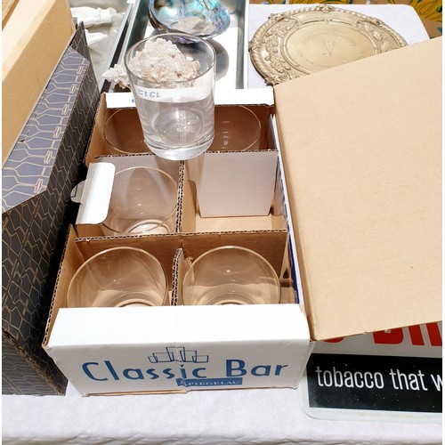 90 - A boxed set of six glass tumblers, a box set of six wine glasses and a set of Scott's of Stowe knive... 