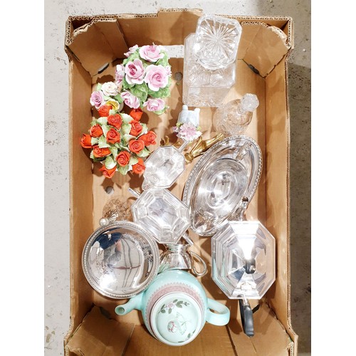 110 - A box including a three piece silver plated tea set and assorted. No shipping. Arrange collection or... 