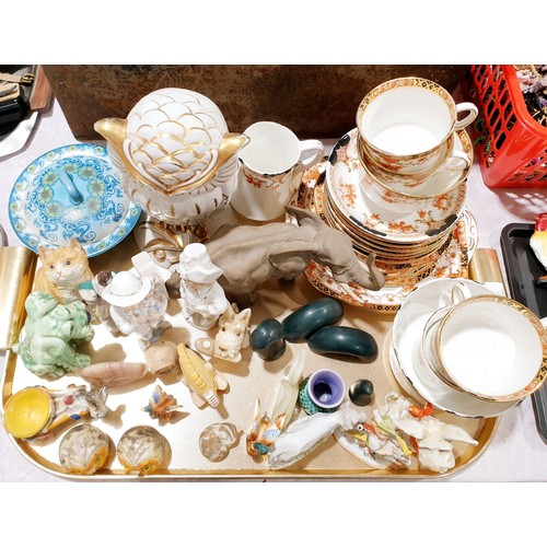 126 - A tray of ceramics including antique tea ware and an owl ornament, height 8.5