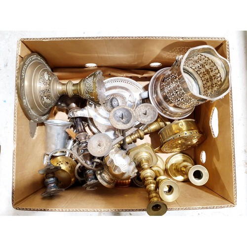 141 - A box of metal ware. No shipping. Arrange collection or your own packer and shipper, please. Electri... 