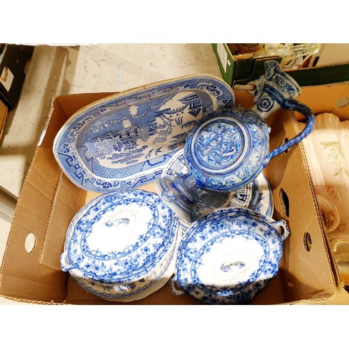 142 - Two boxes of ceramics including blue and white. No shipping. Arrange collection or your own packer a... 