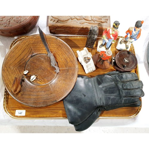 147 - A tray of assorted including vintage leather gauntlets and a World War I crested tank which is A/F. ... 