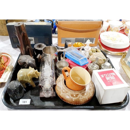 181 - A tray of assorted including a glass ship in a bottle. No shipping. Arrange collection or your own p... 