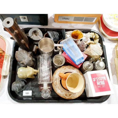 181 - A tray of assorted including a glass ship in a bottle. No shipping. Arrange collection or your own p... 