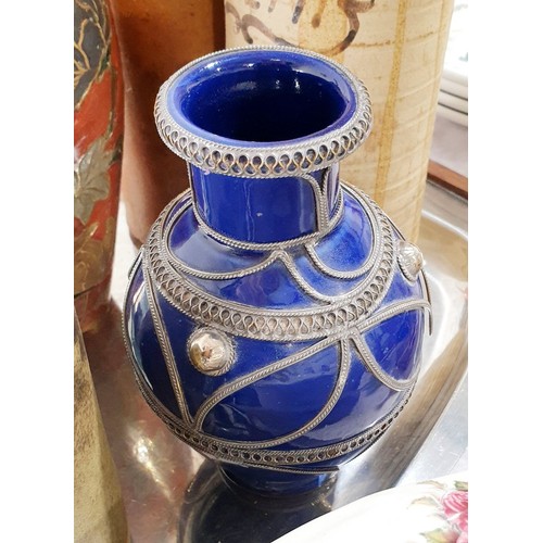 166 - An antique blue ground vase with overlay metalwork together with a stoneware glass and assorted. No ... 