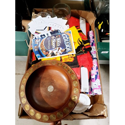 213 - Two boxes of small electricals, Bradford City football memorabilia and assorted. No shipping. Arrang... 