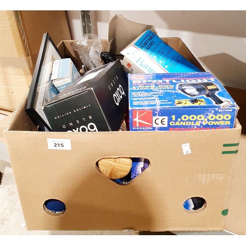 215 - A box of bric-a-brac. No shipping. Arrange collection or your own packer and shipper, please. Electr... 