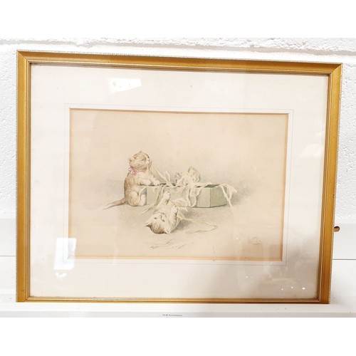 295 - A 19th century watercolour drawing of two cats at play, indistinctly signed, 6.5