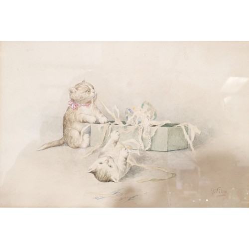 295 - A 19th century watercolour drawing of two cats at play, indistinctly signed, 6.5