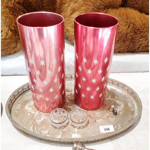 306 - A pair of vintage aluminium Conrah vases together with a pair of cut glass and hallmark silver rimme... 