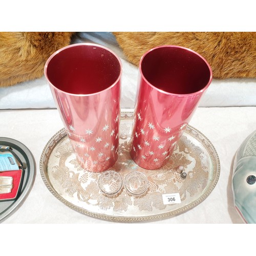 306 - A pair of vintage aluminium Conrah vases together with a pair of cut glass and hallmark silver rimme... 