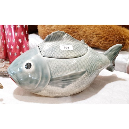 308 - A ceramic soup tureen in the form of a fish, length 15