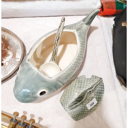 308 - A ceramic soup tureen in the form of a fish, length 15