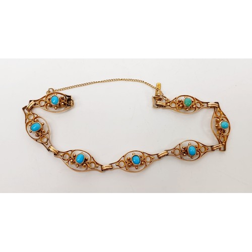 11 - An Edwardian 9ct gold bracelet set with turquoise length 7