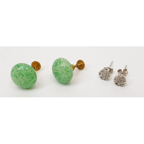 45 - A pair of 9ct gold and jadeite earrings together with a pair of hallmarked 9ct white gold and diamon... 