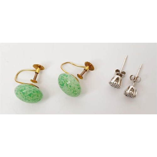 45 - A pair of 9ct gold and jadeite earrings together with a pair of hallmarked 9ct white gold and diamon... 