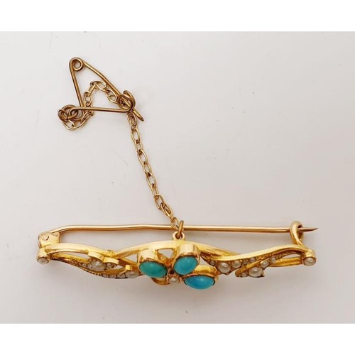 48 - An antique 15ct gold turquoise and seed pearl bar brooch, width 1.75