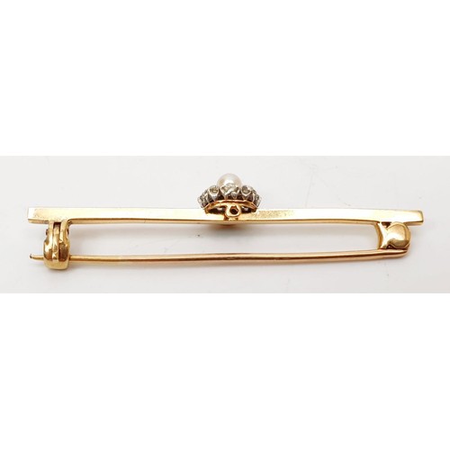 49 - A yellow metal bar brooch set with diamond and pearl, width 2