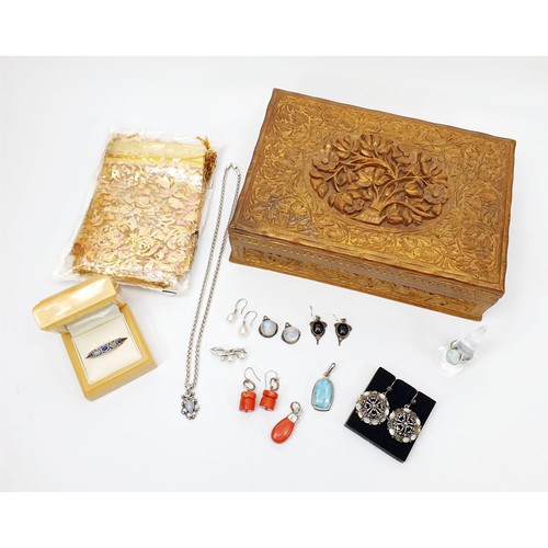 59 - An Indian wooden carved jewellery box with silver gemstone set jewellery. UK shipping £14. We combin... 