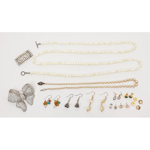 61 - A selection of costume jewellery including a mother of pearl necklace and a pair of 9ct gold earring... 