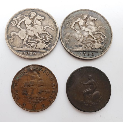 207 - Two Victorian crowns, a George III coin and a George V 1935 South African coin. UK shipping £14.