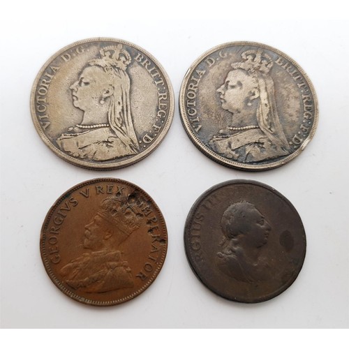 207 - Two Victorian crowns, a George III coin and a George V 1935 South African coin. UK shipping £14.