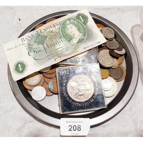 208 - A selection of British and foreign coinage, commemorative crowns and a £1 note. UK shipping £14.