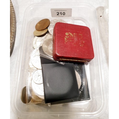 210 - A selection of foreign coins, commemorative crowns and a boxed 1973 50p. UK shipping £14.