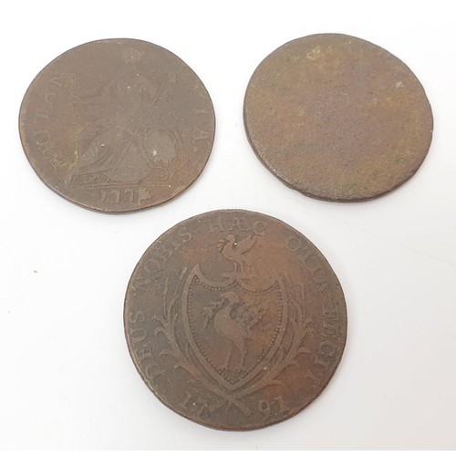 211 - A 1791 Liverpool half-penny together with a 1775 George III coin and a William III coin. UK shipping... 