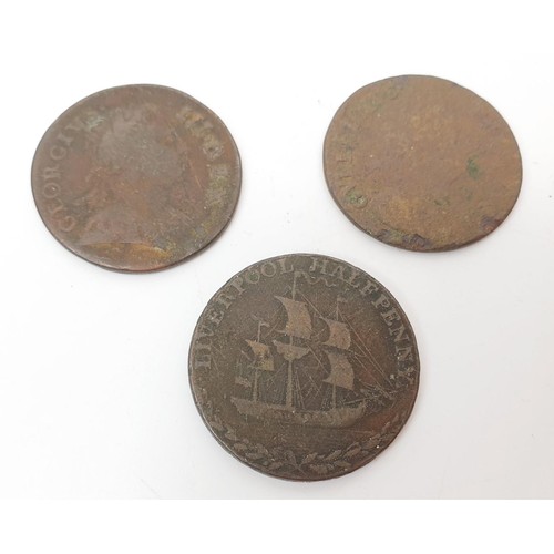 211 - A 1791 Liverpool half-penny together with a 1775 George III coin and a William III coin. UK shipping... 