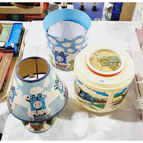 348 - A vintage Thomas the Tank Engine ceramic table lamp, light shade and two waste paper bins. No Shippi... 