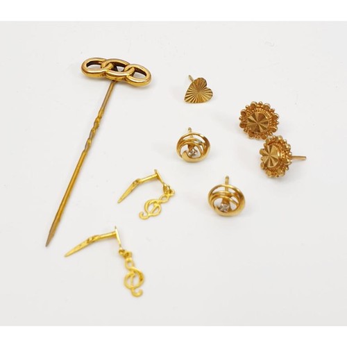 4 - A stick pin with 9ct gold motif on a gold plated pin with 9ct gold earrings together with costume je... 