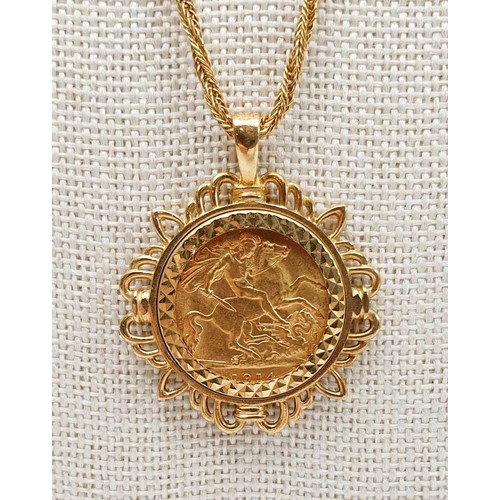 22 - A 1914 half sovereign in a hallmarked 9ct gold pendant mount on a 9ct gold chain, gross weight 11.8g... 