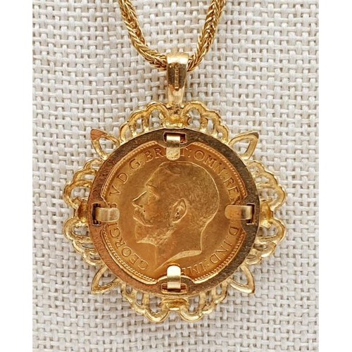 22 - A 1914 half sovereign in a hallmarked 9ct gold pendant mount on a 9ct gold chain, gross weight 11.8g... 