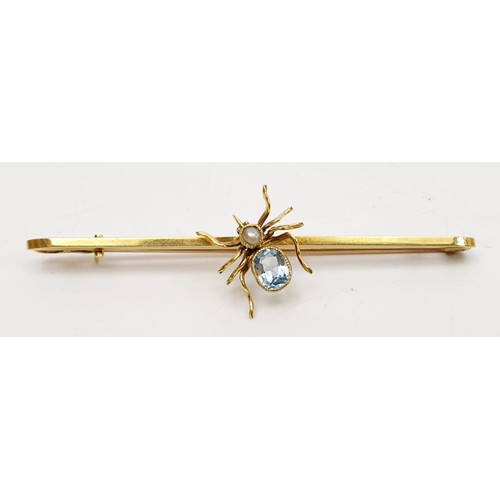 27 - A 15ct gold spider bar brooch set with pearl and aquamarine, width 2.25