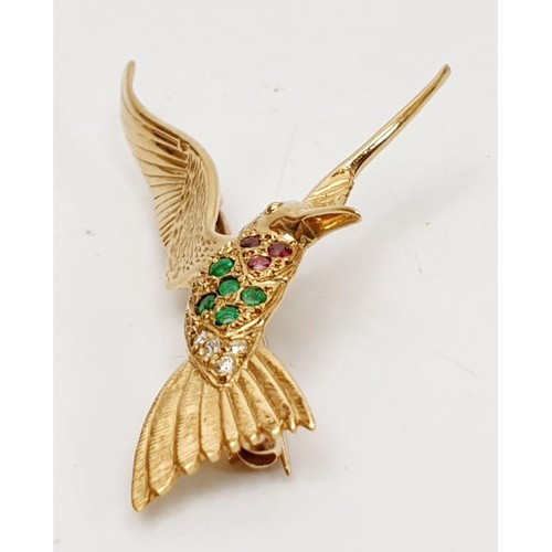 28 - A gem set hallmarked 9ct gold brooch in the form of a kingfisher, length 1.75