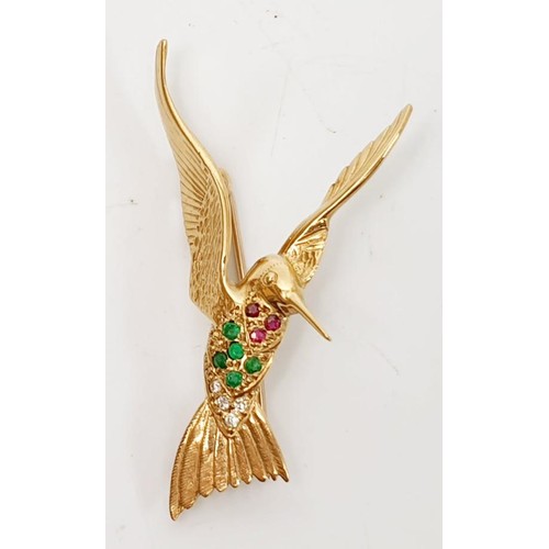 28 - A gem set hallmarked 9ct gold brooch in the form of a kingfisher, length 1.75