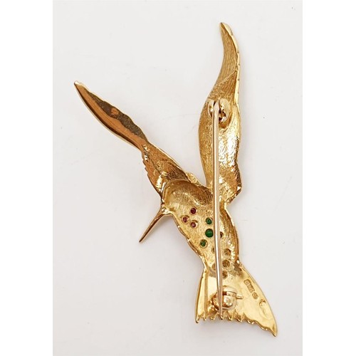 28 - A gem set hallmarked 9ct gold brooch in the form of a kingfisher, length 1.75