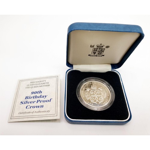 63 - A 1990 Queen Elizabeth the Queen Mother 90th Birthday silver proof crown. UK shipping £14. We combin... 