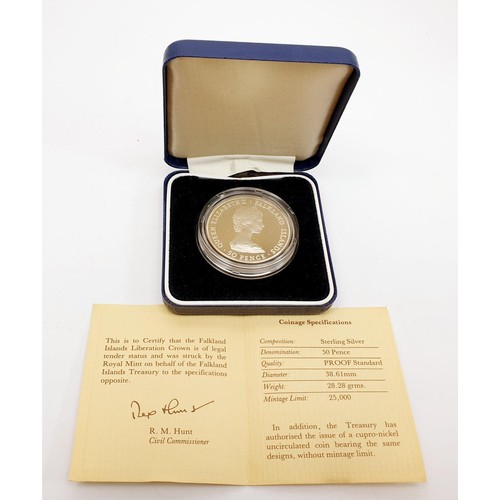 64 - A boxed 1982 The Falkland Islands Liberation silver proof crown. UK shipping £14. We combine lots.